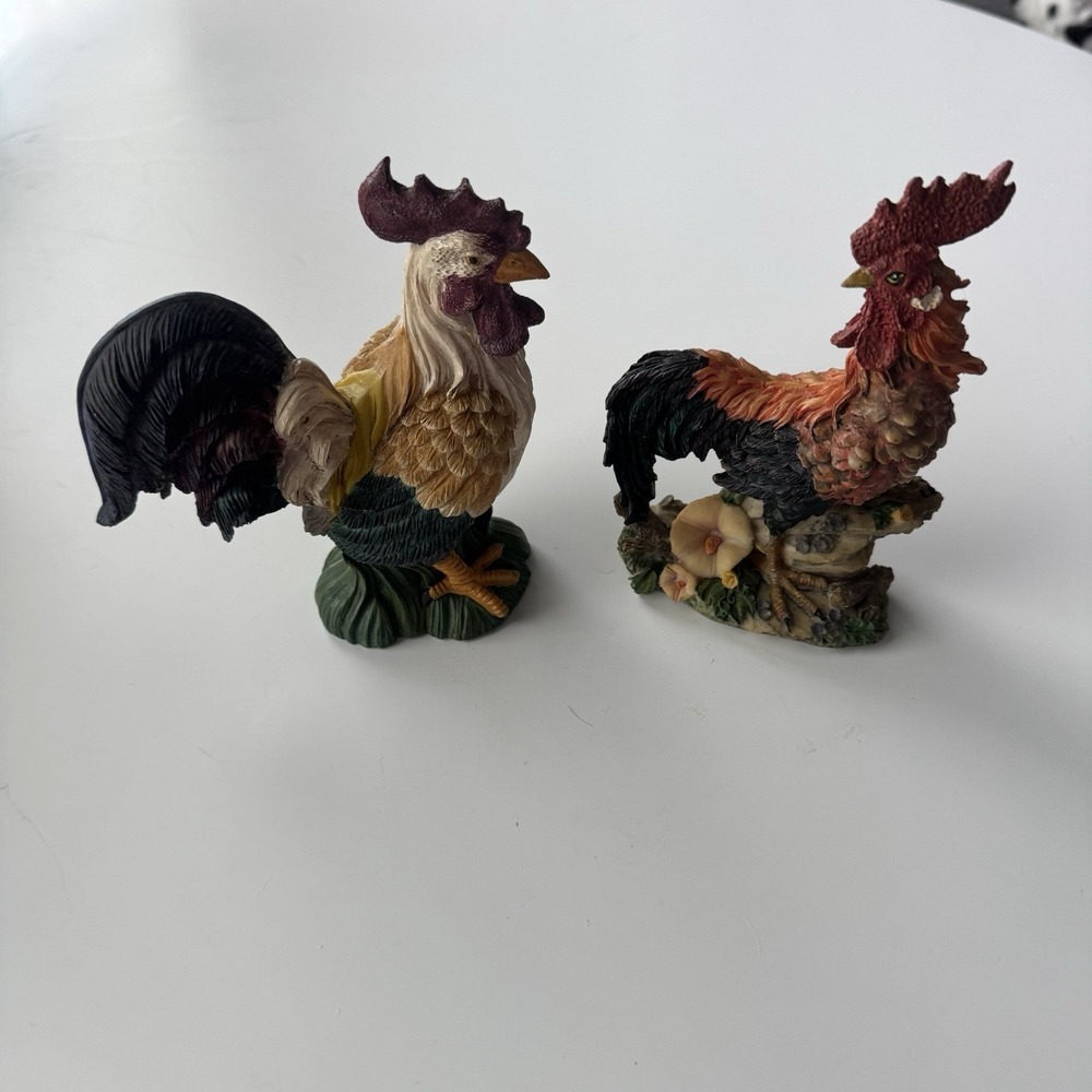 Vintage Resin Rooster Figurines Set of 2 Farmhouse Decor 7" Tall Figures